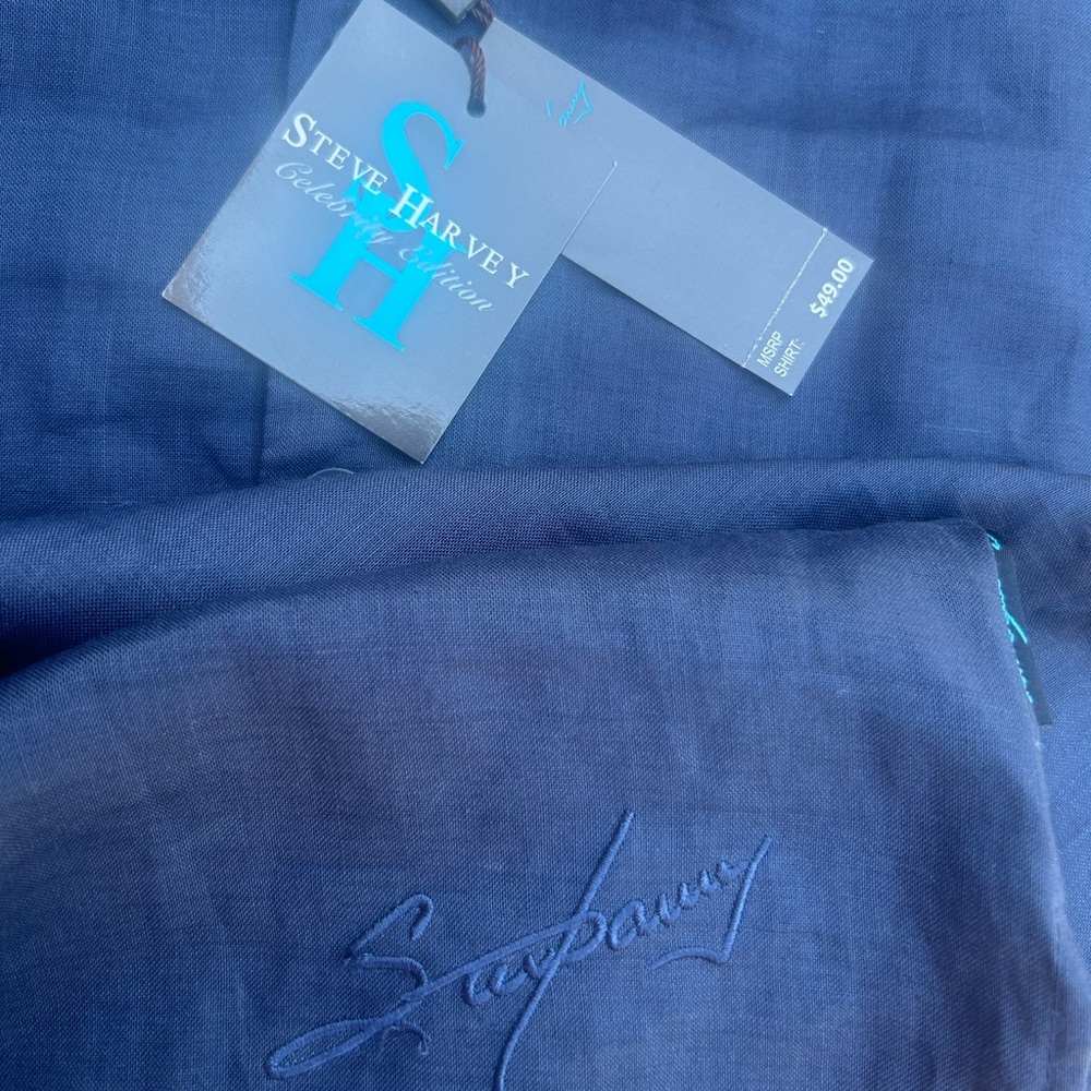 NWT Steve Harvey Celebrity Edition 100% Linen Big & Tall 5XL Navy Blue Shirt G6 - Picture 7 of 9